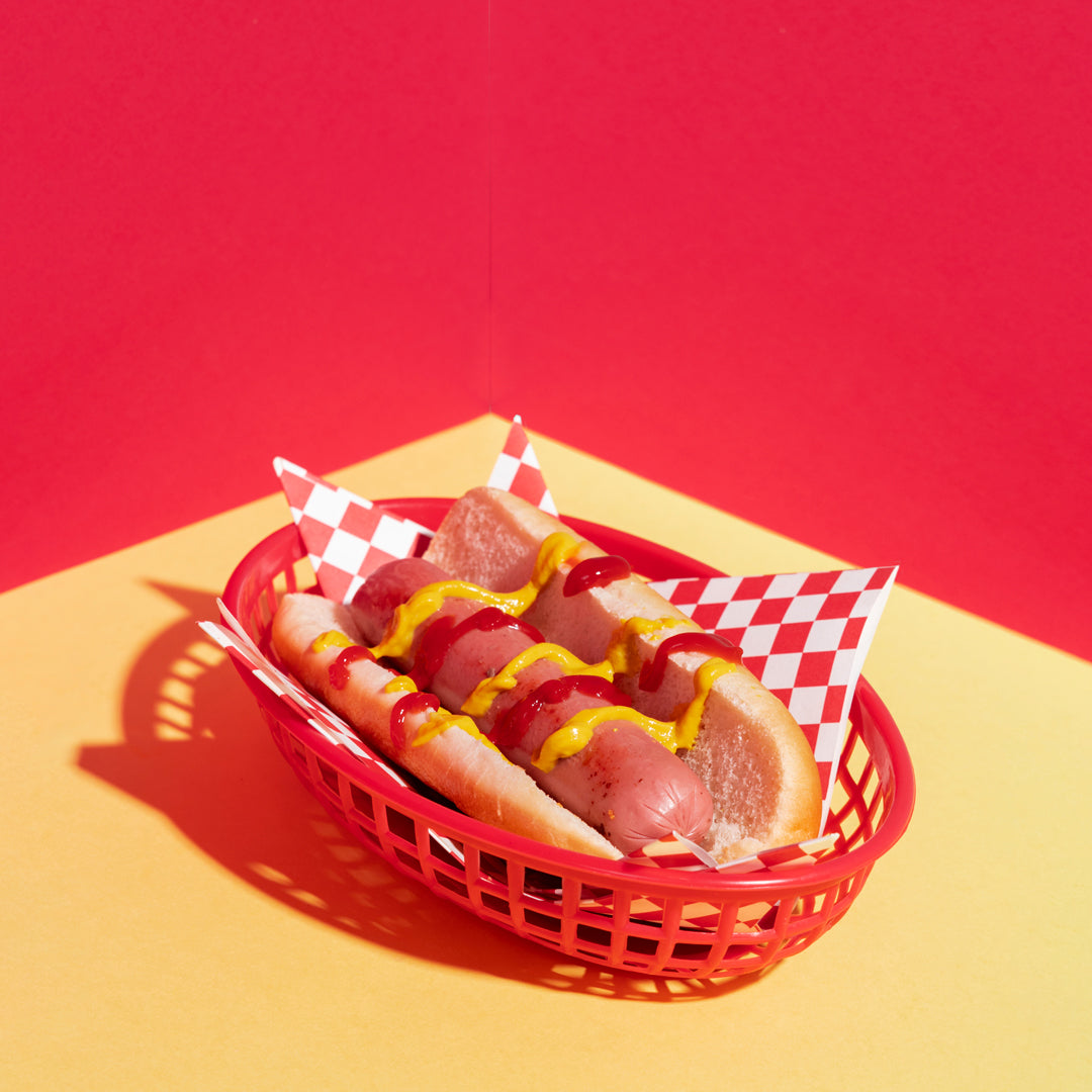 food product photography yellow red backdrop hotdog
